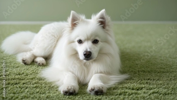 Fototapeta Fluffy white Spitz dog lounging on a carpet resembling grass, capturing a humorous expression.