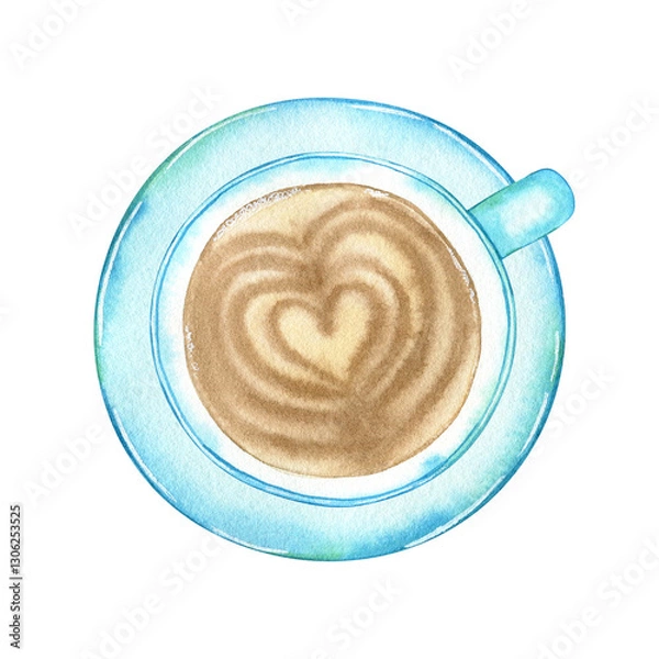 Fototapeta Watercolor png illustration: cappuccino latte coffee in blue ceramic cup with saucer with foam heart. Hand drawn isolated object on transparent. Element for design menu café, coffee house, bakery