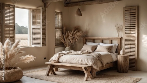 Fototapeta Scandinavian-inspired boho dÃ©cor in a cottage. Neutral-toned bedroom featuring wooden shutters, natural decor, and dried plants. Image.