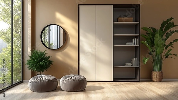 Fototapeta Modern wardrobe with two doors, white and black color combination, wood floor in light brown tones, beige wall, three round footstools near the door, 