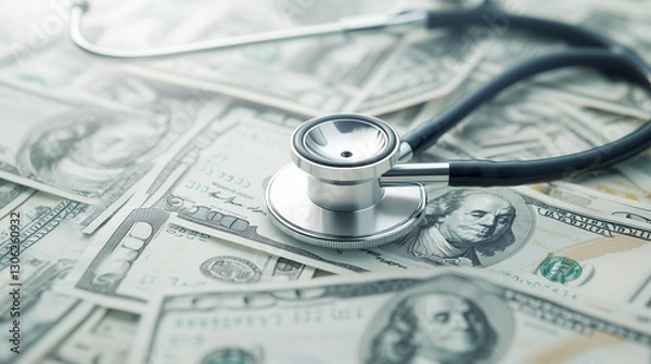 Fototapeta Healthcare Costs: A stethoscope rests atop a chaotic pile of hundred-dollar bills, symbolizing the financial burden associated with healthcare expenses.