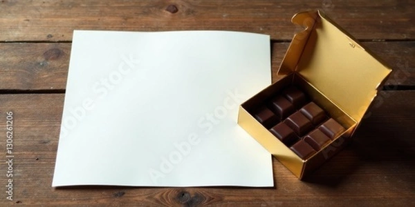 Fototapeta A blank sheet of paper beside a box of decadent dark chocolate squares on a rustic wooden surface