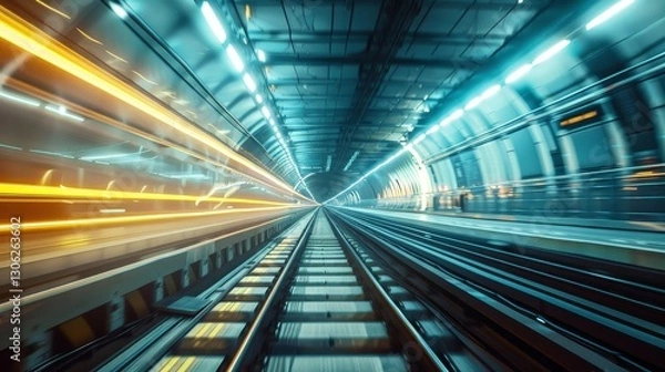 Obraz A dynamic view of a high-speed train tunnel with motion blur, glowing lights, and a sense of speed and futuristic technology..