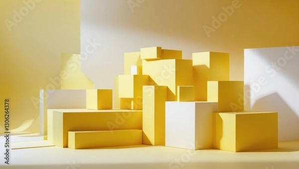 Fototapeta Vivid yellow geometric abstract background featuring cubes and structures. Ideal for presentations, branding, templates, and banners, this modern design incorporates white space.