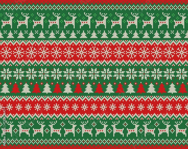 Fototapeta Merry Christmas and New Year seamless knitted pattern with Christmas balls, snowflakes and fir. Scandinavian style. Winter Holiday Sweater Design. Vector Illustration.