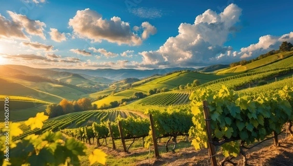 Fototapeta Stunning panorama of a vineyard landscape during bright autumn days. Lush green hills and valleys under a blue sky with fluffy clouds. View of grapevine plantations.