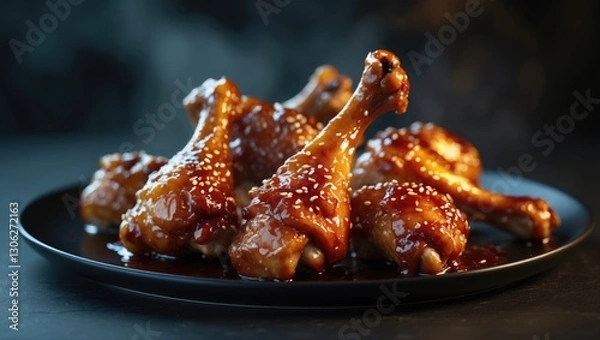 Fototapeta sesame-glazed teriyaki chicken drumsticks arranged on a dark plate, with a focused view