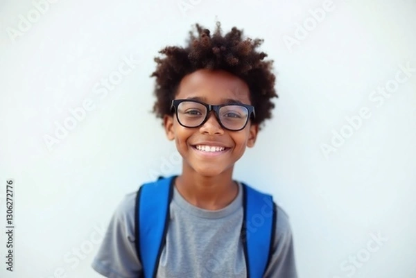 Obraz young boy wearing glasses and a backpack smiles at the camera
