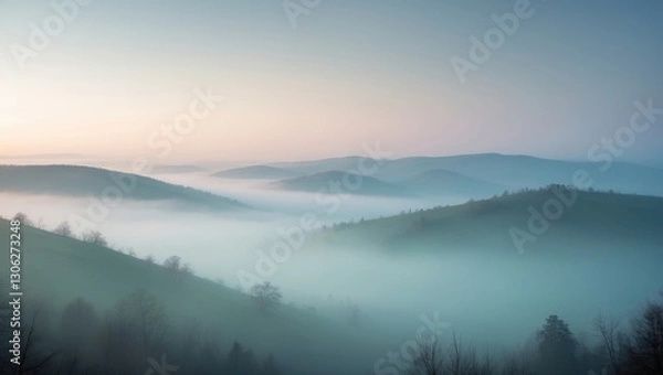 Fototapeta colored dawn over a misty mountain ridge in the Carpathians, hazy landscape