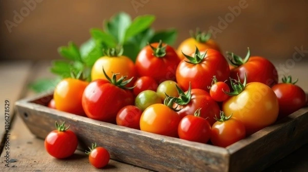 Obraz A rustic wooden box overflowing with a vibrant collection of freshly harvested tomatoes, showcasing a delightful array of red, orange, and yellow hues, enhanced by the presence of verdant foliage.