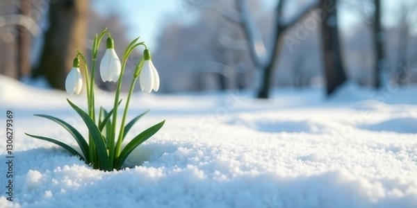 Fototapeta Delicate Snowdrop Blooms Emerging from Winter's Embrace in a Snowy Landscape