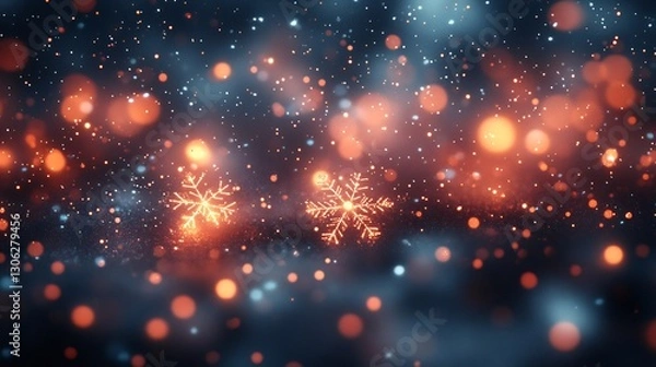 Fototapeta Glowing orange snowflakes softly fall against a dark blue bokeh background. AI Generated
