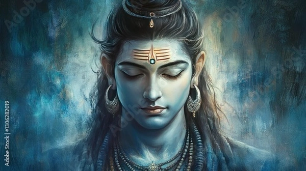 Obraz A serene portrait of Lord Shiva, with his tranquil expression and intricate adornments, radiating peace and spiritual enlightenment