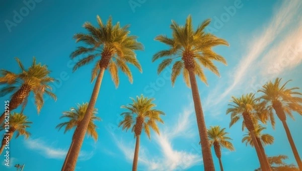 Fototapeta Vintage Palm Trees in Los Angeles under Blue Summer Skies