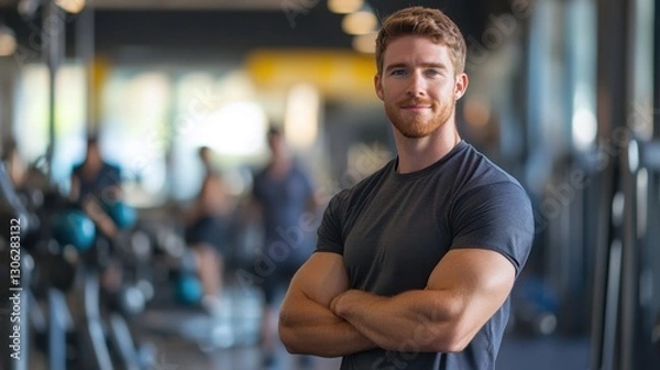 Fototapeta Portrait of a young male fitness trainer standing confidently in a gym. He showcases a healthy, athletic physique and exudes motivation and enthusiasm for fitness.