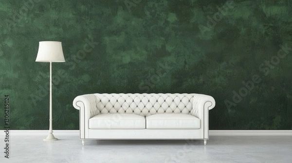 Fototapeta Elegant White Couch Against Dark Green Wall for Modern Interior Design