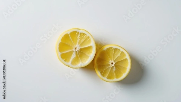 Fototapeta Half a lemon displayed alongside its whole counterpart on a light backdrop, viewed from above.