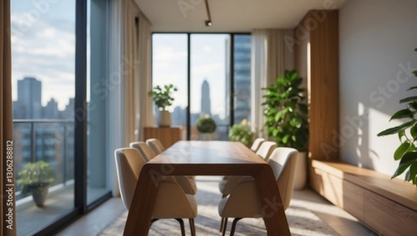 Fototapeta Contemporary apartment dining area featuring a table next to the window.