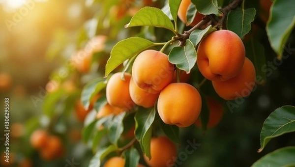 Fototapeta Succulent apricots growing on a branch surrounded by leaves in an orchard. Harvest time.