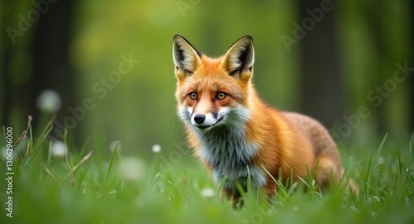Fototapeta Crimson Fox Amidst a Lush GreeneryèƒŒæ™¯