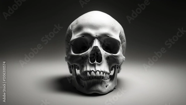 Fototapeta Human skull displayed against a dark backdrop.