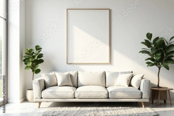Obraz Serene Minimalist Living Room Design with Light Beige Sofa, Blank Frame, and Potted Plants