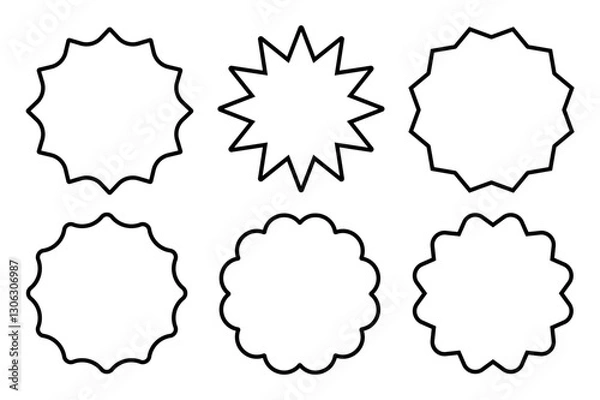 Fototapeta Set of six black outline badge shapes isolated on white background. Starburst stickers. Geometric decorative frames