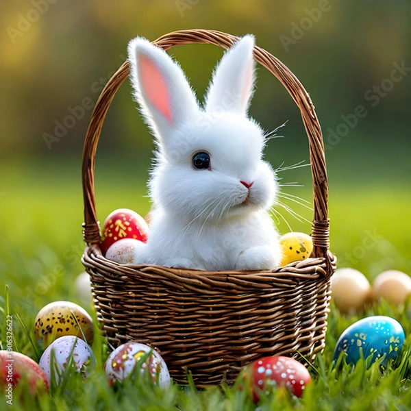 Fototapeta A cute white Easter bunny is sitting in a basket. The basket is on the grass. There are colored eggs nearby.