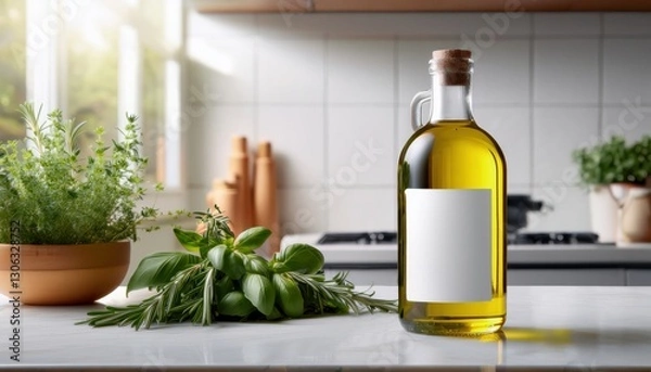 Fototapeta Olive oil bottle mockup with a minimalist label, placed on a kitchen counter with fresh herbs, creating a clean and natural look, ideal for food branding or culinary design concepts.

