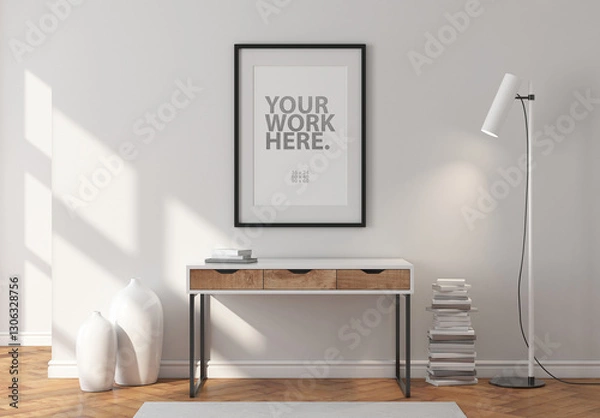 Fototapeta Vertical poster with black frame mockup hanging on wall in room