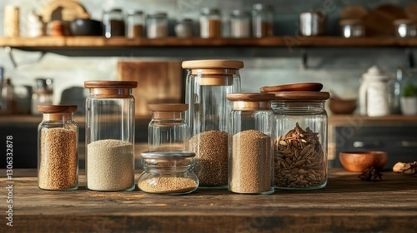 Fototapeta Rustic Kitchen Table Display with Glass Jars Filled with Various Ingredients