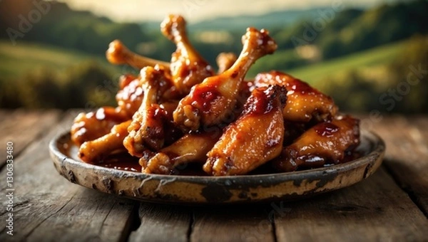 Fototapeta Homemade succulent BBQ chicken lollipop wings with visible bones served on a rustic plate against a blurred countryside backdrop, horizontal perspective, close-up shot.