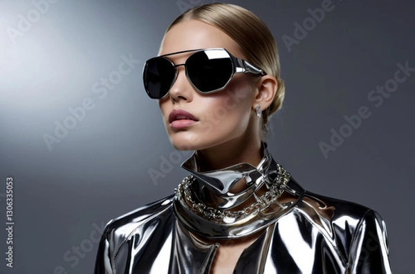 Fototapeta Edgy female model showcases experimental style, pairing reflective jacket with avant-garde accessories. Chrome highlights accentuate bold presence, merging chrome elements into fashion artistry