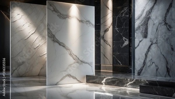 Fototapeta white satvario marble textures featuring glossy calacatta marble with grey veins, Thassos statuarietto tiles, and Portoro stone effects, reminiscent of emperador and travertino marbles.
