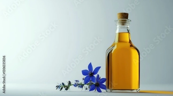 Fototapeta minimalist presentation of golden liquid in glass bottle adorned with delicate blue nigella flowers on a soft neutral backdrop