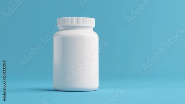 Fototapeta minimalist white plastic bottle mockup with cap for medicine or supplements against a solid light blue backdrop offering ample space for design