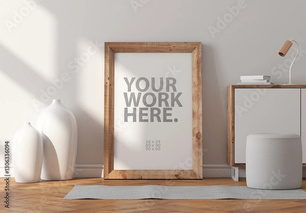 Fototapeta Vertical poster art with wooden frame mockup standing on the parquet