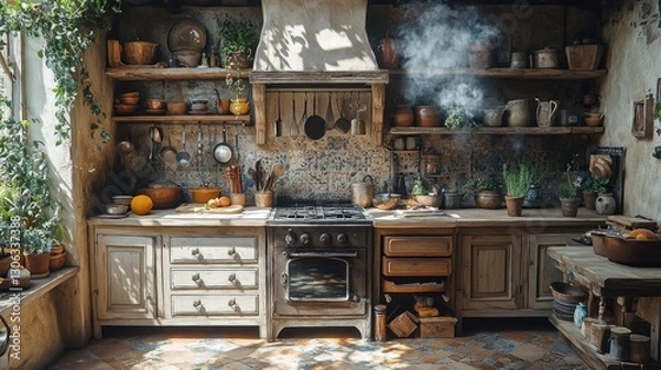 Fototapeta Rustic kitchen interior, steaming pots, garden view, sunlight