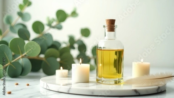 Fototapeta Spa setting featuring tea tree oil with candles and greenery on a light background.