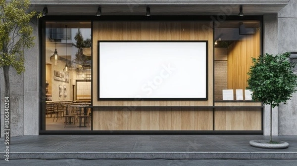Obraz modern restaurant facade with a blank billboard showcasing wood paneling and leafy trees adding an urban touch for advertisement purposes