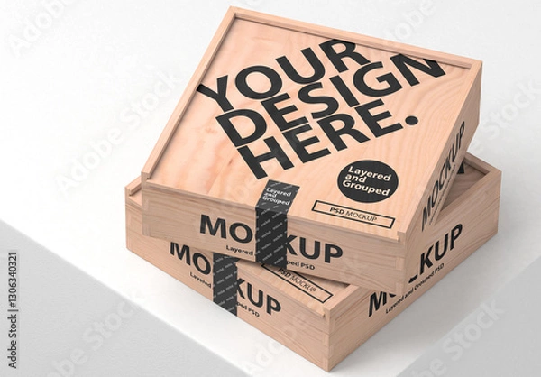 Fototapeta Two Wooden boxes mockup with sticker on the table