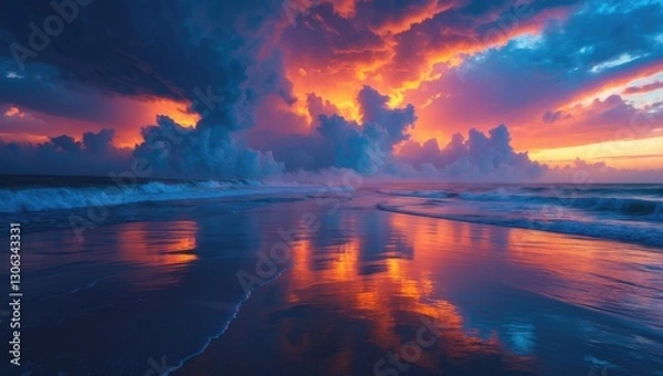 Fototapeta The evening sky filled with stormy clouds casting reflections on the ocean surface creates a stunning view.