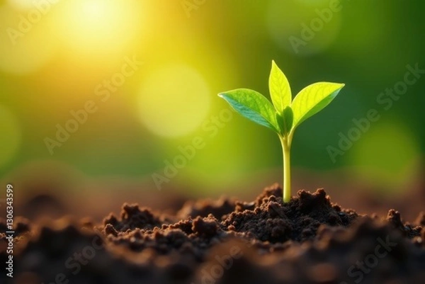 Obraz A vibrant young sprout emerges from rich earth, bathed in the warm glow of sunrise, symbolizing growth, renewal, and the promise of a flourishing future.