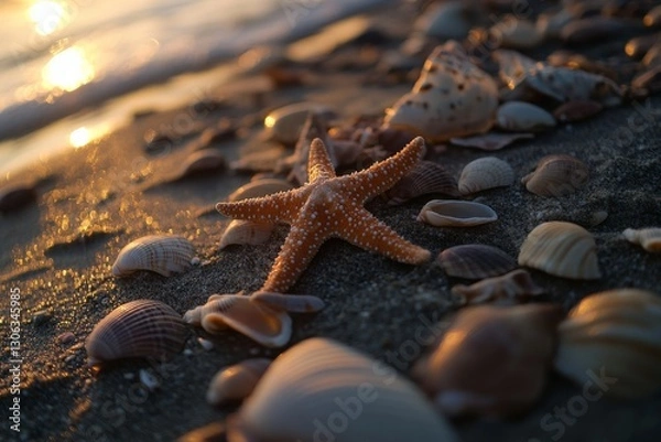 Fototapeta A beautiful beach with seashells and starfish, with the sun setting in the background.