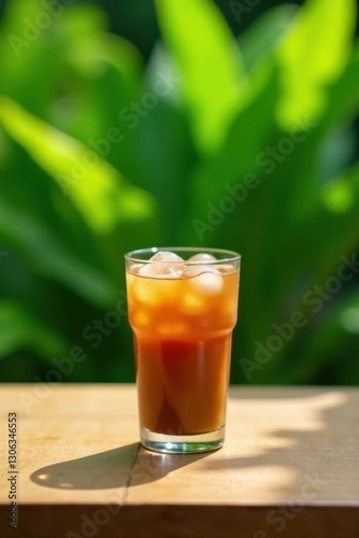 Fototapeta Refreshing Iced Beverage on Wooden Table with Lush Green Background