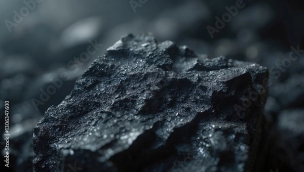 Fototapeta The surface of granular black stone (minerals). Dark abstract backdrop featuring blurred areas. Aerial perspective.