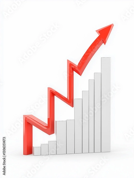 Fototapeta A red arrow on a white background with a ladder in the form of an ascending graph, symbolizing the success or growth of a business