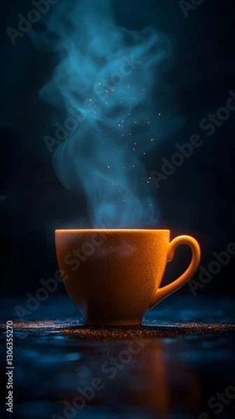 Fototapeta a hot cup of coffee on a dark background with steam