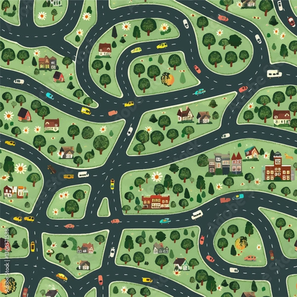 Fototapeta Seamless pattern children's road map, print with trees, bridges, roads