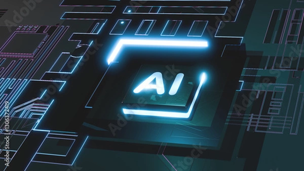 Obraz 3D rendering artificial intelligence concept Brain over a chip on a circuit board.
